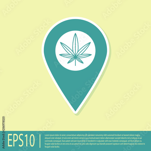 Green Map pointer and marijuana or cannabis leaf icon isolated on yellow background. Hemp symbol. Vector Illustration