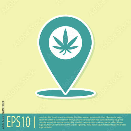 Green Map pointer and marijuana or cannabis leaf icon isolated on yellow background. Hemp symbol. Vector Illustration
