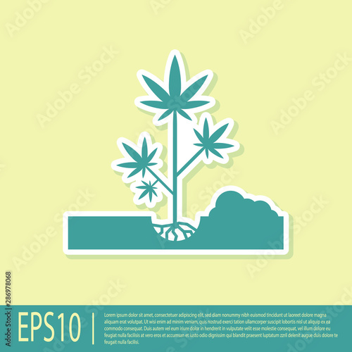 Green Planting marijuana or cannabis plant in the ground icon isolated on yellow background. Marijuana growing concept. Hemp symbol. Vector Illustration