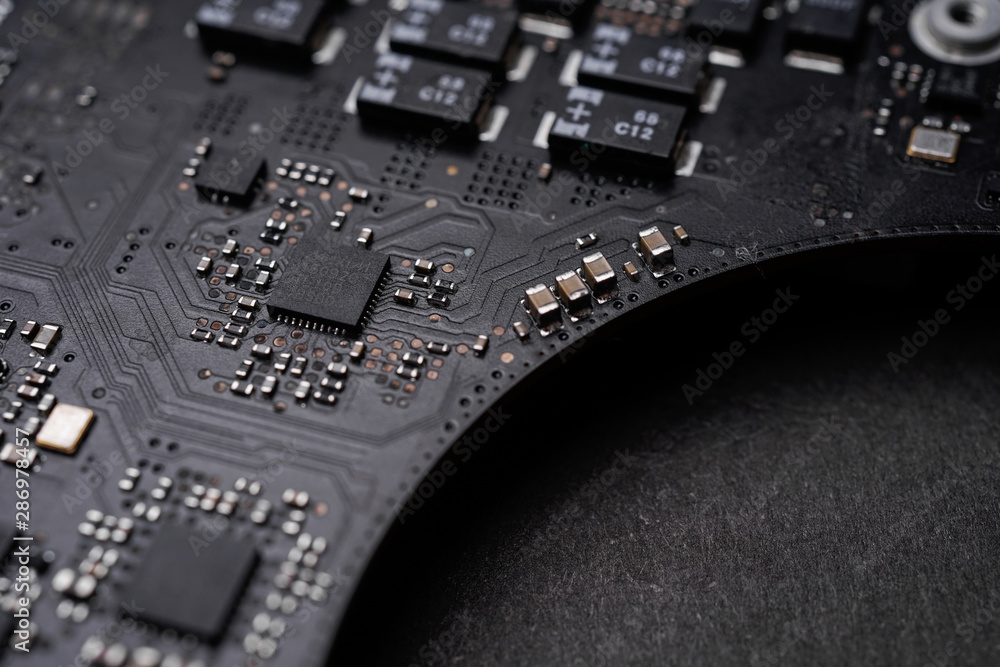 Fototapeta premium A black colour waterproof Printed Circuit Board with CPU, SMD & IC mounted part on board