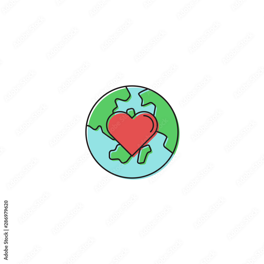 Globe with heart vector icon symbol isolated on white background
