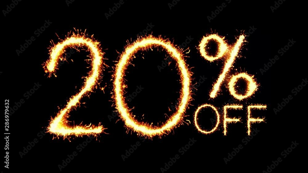 20% Off Text Sparkler Writing With Glitter Sparks Particles Firework on Black 4K Loop Background. Sale, discount Off, Offer, business promotion , advertisement . 20% Off Text Sparkler Writing With Glitter Sparks Particles Firework on Black 4K Loop Background. Sale, discount Off, Offer, business promotion , advertisement .
