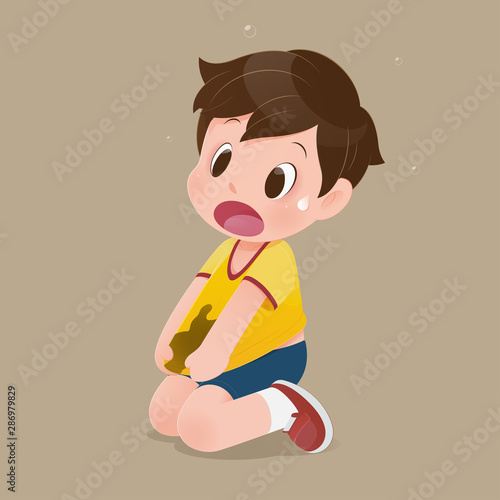 Little boy with a yellow shirt stained with mud. Concept with vector design