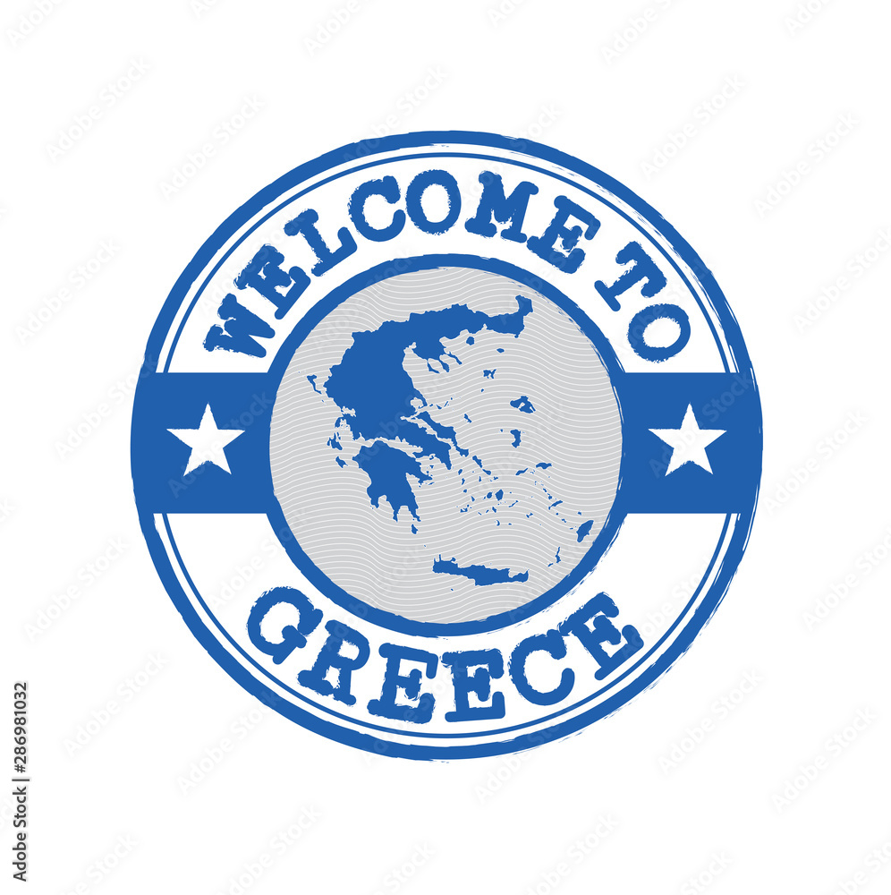 Vector stamp of welcome to Greece with map outline of the nation in center.