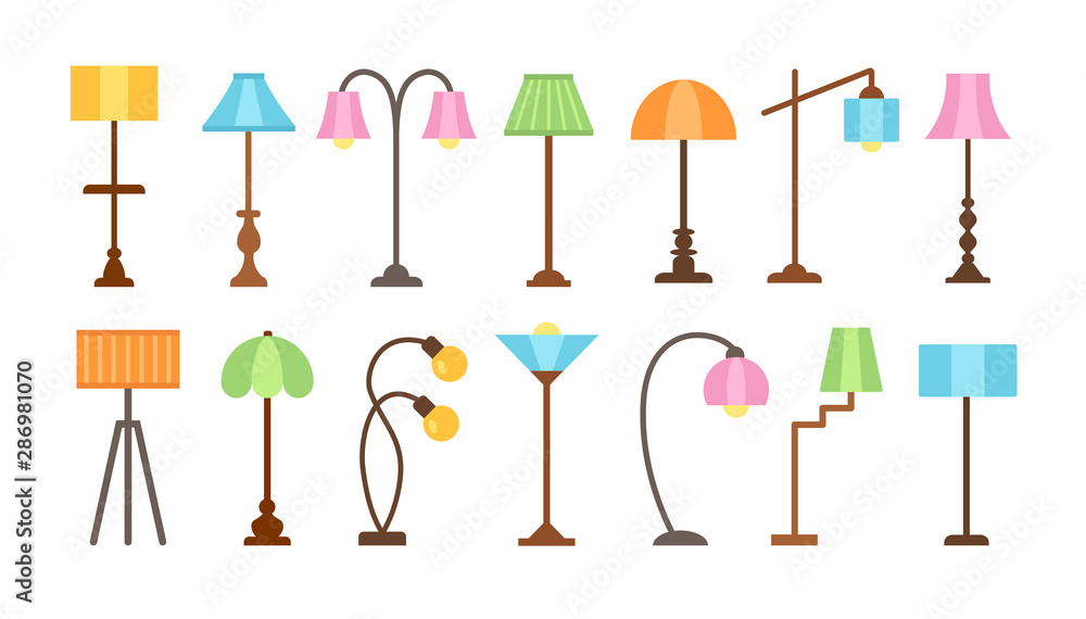 Modern floor lamps with led light bulbs. Standing lampshades. Accent light fixtures for home. Vector flat icon set. Isolated objects Modern floor lamps with led light bulbs. Standing lampshades. Accent light fixtures for home. Vector flat icon set. Isolated objects