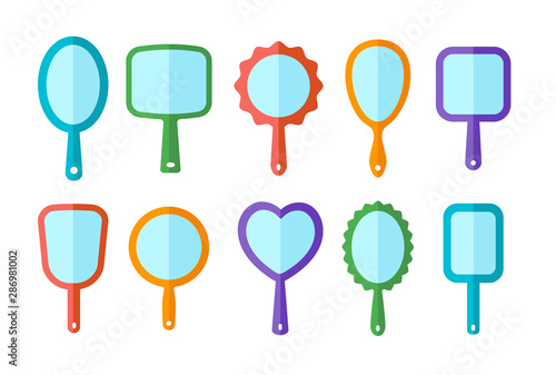 Hand mirrors with light reflection. Blank handheld makeup mirrors. Flat icon set. Female beauty accessories