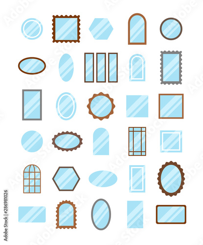Round, oval & rectangular mirrors with light reflection. Flat icon set. Framed, vanity, LED lighted & window pane antique mirrors. Interior décor elements