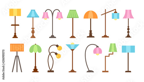 Modern floor lamps with led light bulbs. Standing lampshades. Accent light fixtures for home. Vector flat icon set. Isolated objects