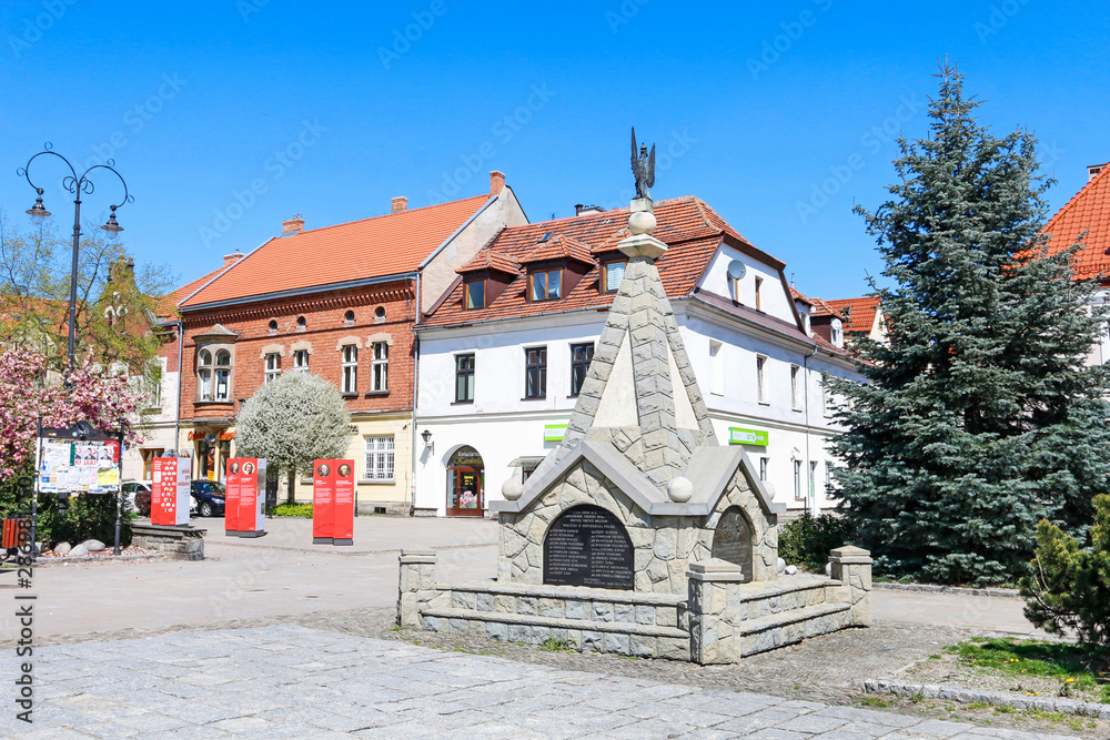 MYSLENICE, POLAND - APRIL 21, 2019: The monument on the main market square