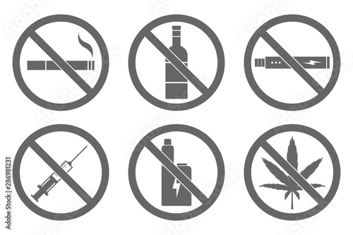 NO SMOKING, NO VAPING, NO ALCOHOL, NO DRUGS sign. Vector.