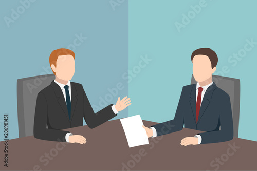 Two office employees sitting in meeting room. Vector illustration.