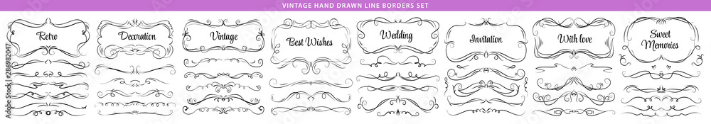Hand drawn vector ornate swirl doodle vintage calligraphic design elements. Borders, frames, dividers set for wedding greeting and invitation card.