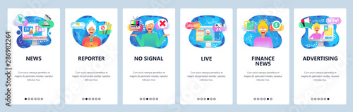 Mobile app onboarding screens. TV industry, breaking news, live stream, female reporter, financial news. Vector banner template for website and mobile development. Web site design flat illustration
