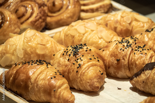 morning bread in tray for breakfast. background conceopt for freshness bread and baker. photo