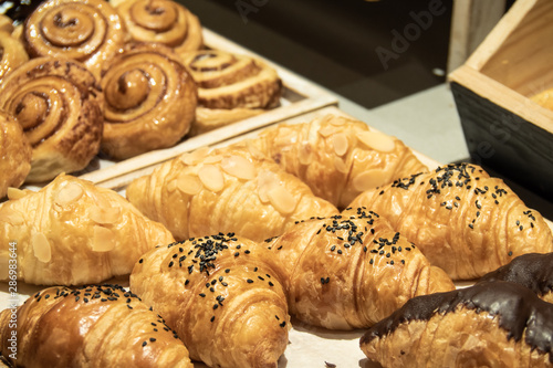 morning bread in tray for breakfast. background conceopt for freshness bread and baker. photo