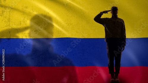 Colombian soldier silhouette saluting against national flag, defense agency