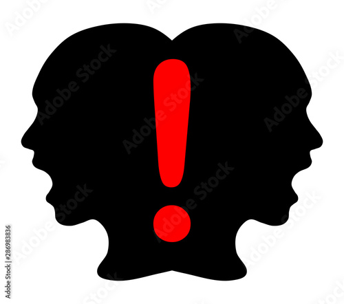 Girl silhouette and exclamation mark, black icon
