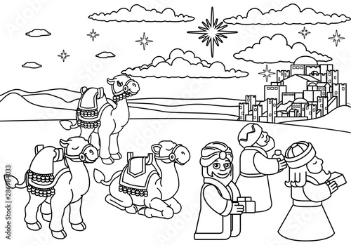 A Christmas nativity scene coloring cartoon, with with three wise men or magi and their camels arriving with their gifts. The City of Bethlehem and star above. Christian religious illustration.