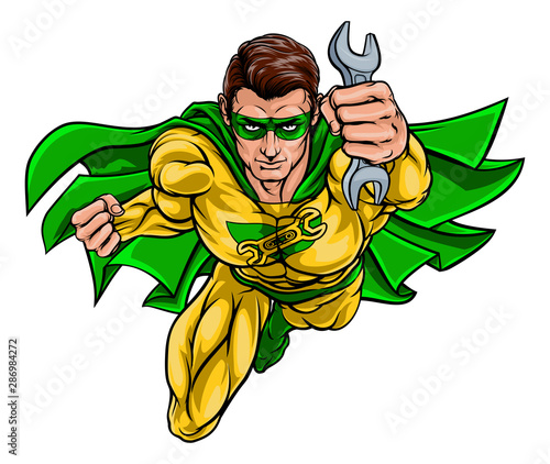 A super mechanic hero or plumber superhero holding a wrench or spanner
