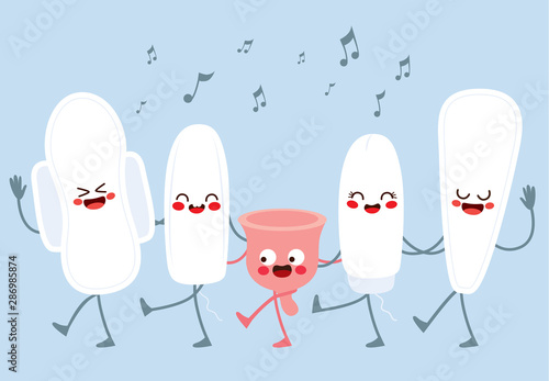 Cute characters female hygiene menstruation dancing and singing together