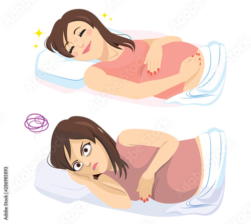 Funny two action situation of sleeping pregnant woman happy dreaming and sad with insomnia