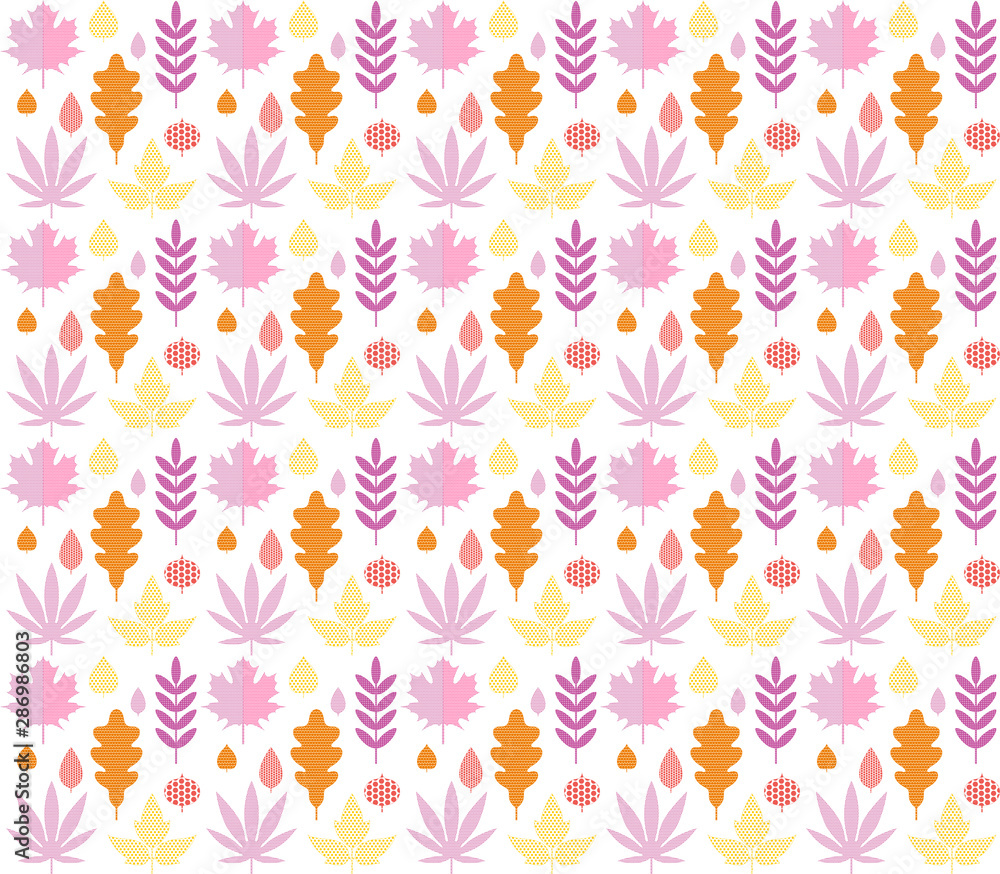 Seamless pattern with autumn leaves of oak, Rowan, birch, maple in orange, red, pink and yellow colors. Perfect for Wallpaper, gift paper, pattern fill, web page background