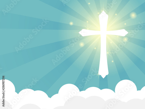 shining white cross with ray of light on cloud