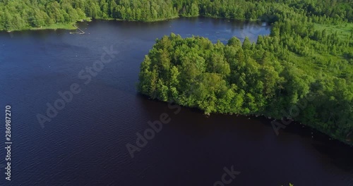 Aerial: Drone footage of lake by trees on landscape against blue - Smaland, Sweden photo