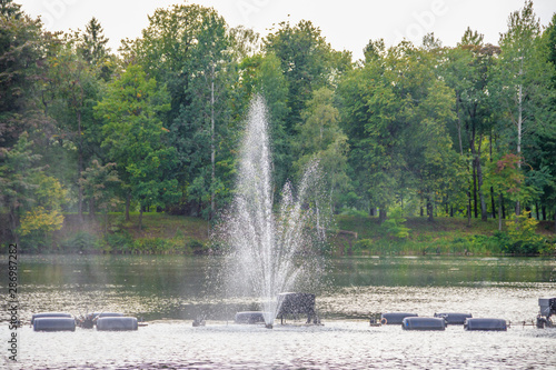 Fountain on the water. Water show. Fountain on the lake in the park.