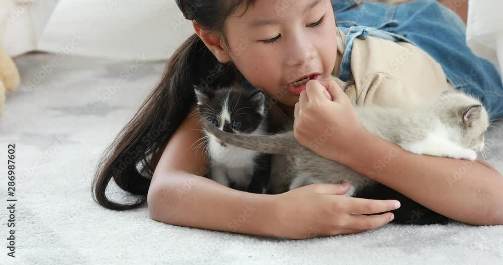 Little girl playing with cat in the wooden basket at home,friendship and together concept. Little girl playing with cat in the wooden basket at home,friendship and together concept.