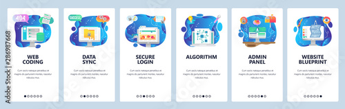 Mobile app onboarding screens. Software technology development, data sync, secure login, admin panel. Menu vector banner template for website and mobile development. Web site design flat illustration