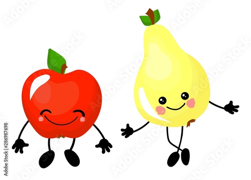 Apple and pear. Fruit funny characters for educating children. The card is beautiful and bright. Healthy food..