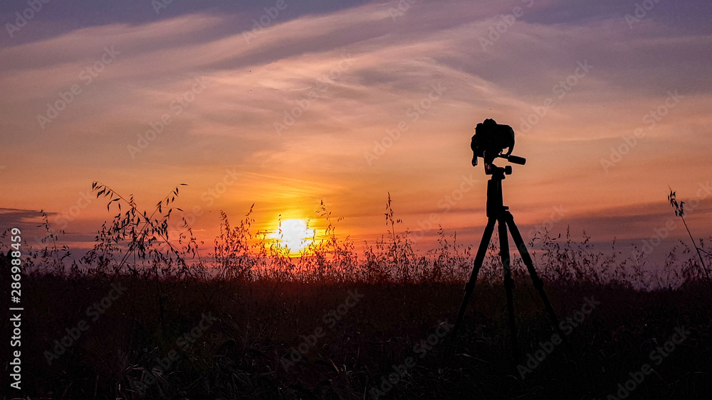 Silhouette of camera on tripod capturing sunset over the wheat field. Photographing an evening landscape. Camera the night view.