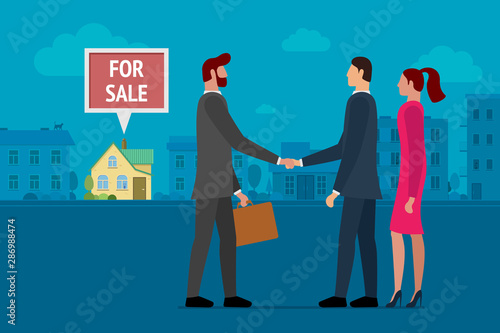 Man selling or renting house to young person couple family. Man and woman buying home and made deal with real estate agency realtor manager. Vector Illustration