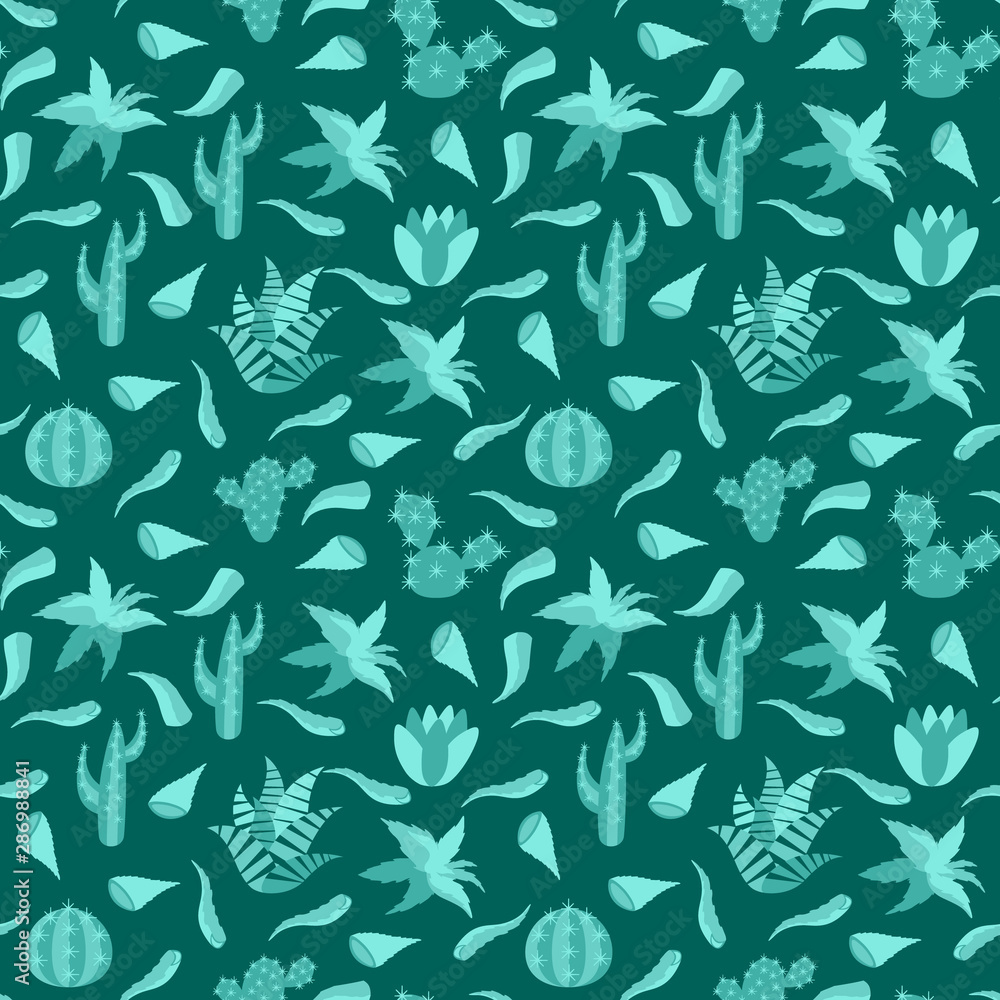 Seamless pattern with cactuses and aloe leaves
