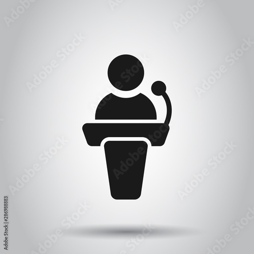 Public speach icon in flat style. Podium conference vector illustration on isolated background. Tribune debate business concept.