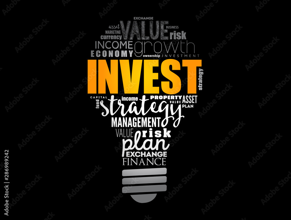 Invest light bulb word cloud, business concept background Invest light bulb word cloud, business concept background