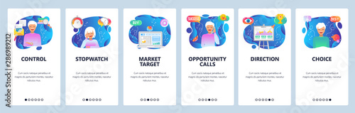 Mobile app onboarding screens. Business presentation, cold calls, market target, project deadline, management. Vector banner template for website and mobile development. Web site design illustration
