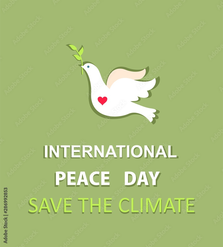 Greeting pastel green card with paper cut out dove with olive branch and International Peace day and save the climate lettering. Flat design Greeting pastel green card with paper cut out dove with olive branch and International Peace day and save the climate lettering. Flat design