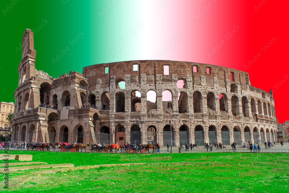 Colosseum building in Rome city. Abstract Italy flag in background