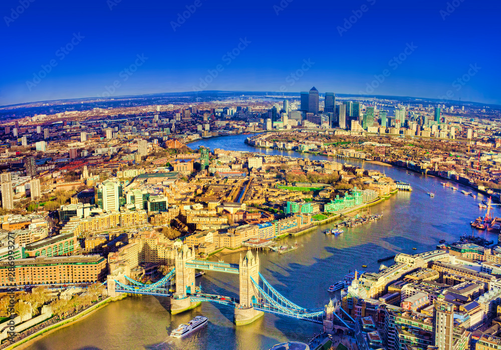 Naklejka premium London city, aerial view with Tower Bridge and Thames river