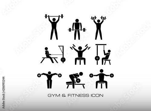 Set of Bodybuilding Workout In The Gym or Fitness Center Black Icon Vector. Consist of Teen Image Symbol, among Them Exercise for Shoulder, Back and More. In Trendy Flat Isolated on white Background.