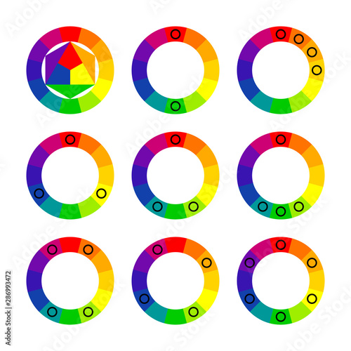 Color schemes and harmonies. Color wheel, spectrum. Scheme selection of combinations. Textbook or poster.