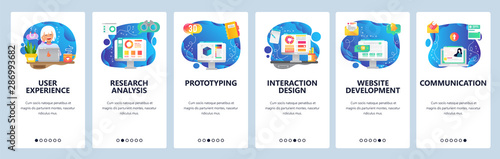 Mobile app onboarding screens. Online dating profile, business development, market financial research, prototyping. Vector banner template for website and mobile development. Web site illustration