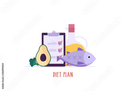 Keto diet vector illustration. Flat tiny slim fit body people concept. Diet plan checklist, training, nutrition control and vegetables, fish, oil. Weight management, individual dietary service
