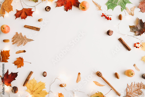 Autumn composition. Pattern made of autumn things on white background. Autumn, fall concept. Flat lay, top view, copy space