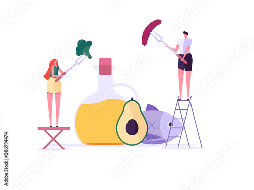 Keto diet vector illustration. Flat tiny slim fit body people concept. Diet plan checklist, training, nutrition control and vegetables, fish, oil. Weight management, individual dietary service