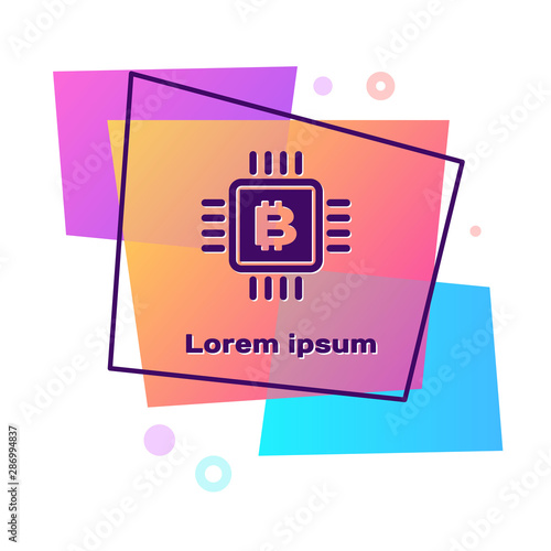 Purple CPU mining farm icon isolated on white background. Bitcoin sign inside microchip. Cryptocurrency mining community. Digital money. Color rectangle button. Vector Illustration