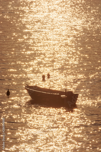 Swimmers and motor boat, sunrise in Mediterranean Sea, Solta, Croatia photo