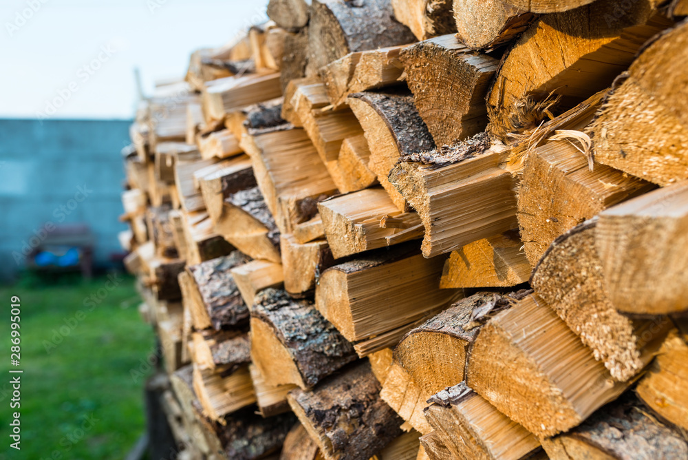 A firewood stacked in a pile, cut trunks. Close up shot, wood background. A firewood stacked in a pile, cut trunks. Close up shot, wood background.